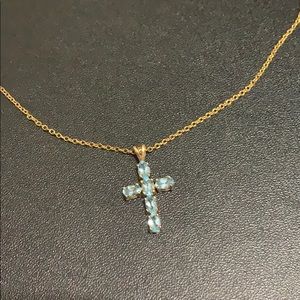 14K Gold with Aquamarine Cross Necklace